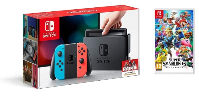  Nintendo Switch - Consola color Azul Neón/Rojo Neón + Super Smash Bros