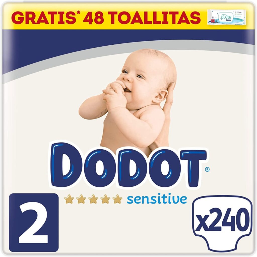 Dodot Pañales Bebé Sensitive Talla 2 (4-8 kg), 240 Pañales, Óptima Protección de la Piel de Dodot