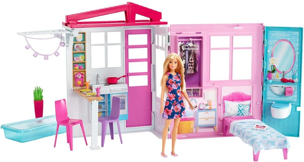 Barbie - Casa amueblada pleglable con cocina, piscina, dormitorio y lavabo con muñeca
